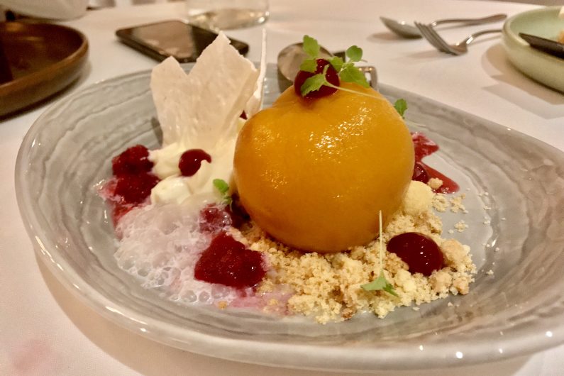 Poached peach, ginger, hibiscus granité, crème légère by Philippe Mouchel