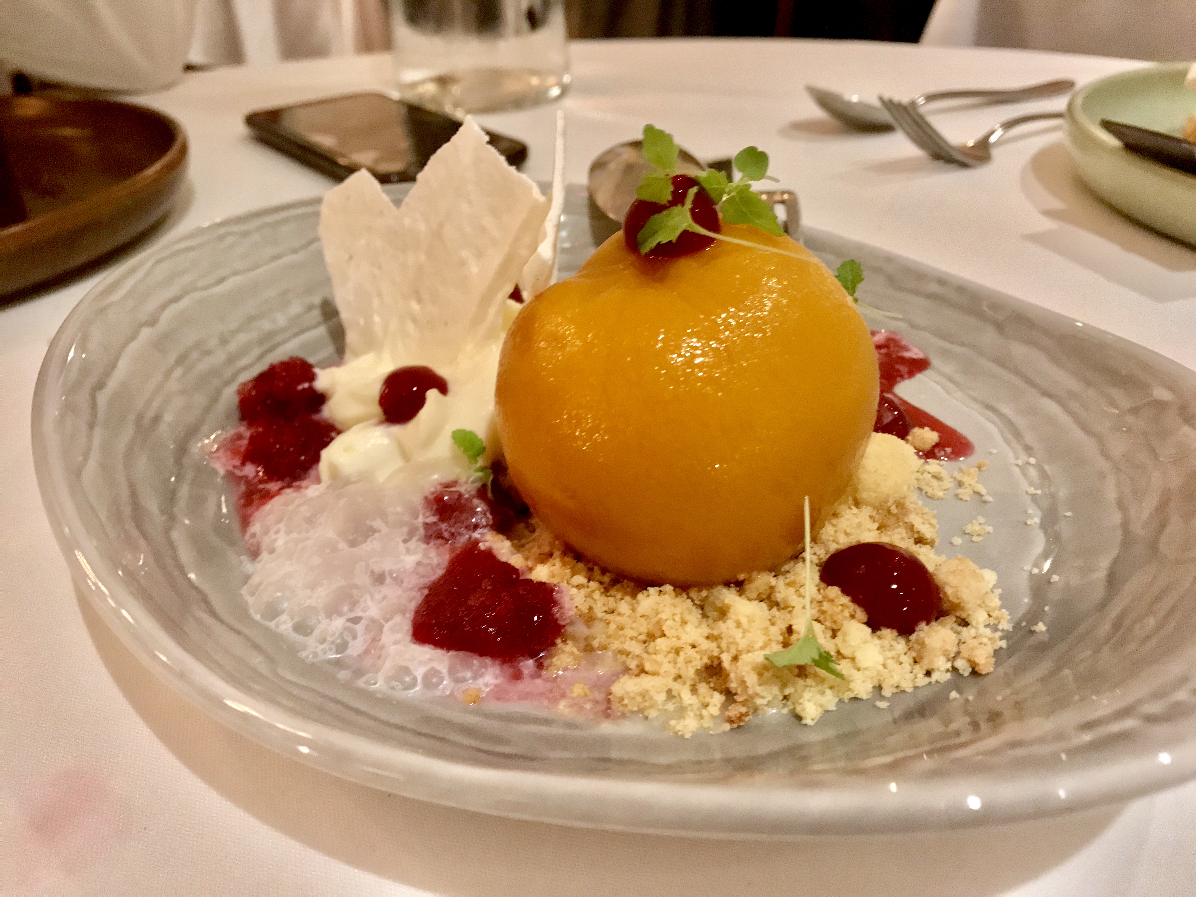 Poached peach, ginger, hibiscus granité, crème légère - Philippe Mouchel